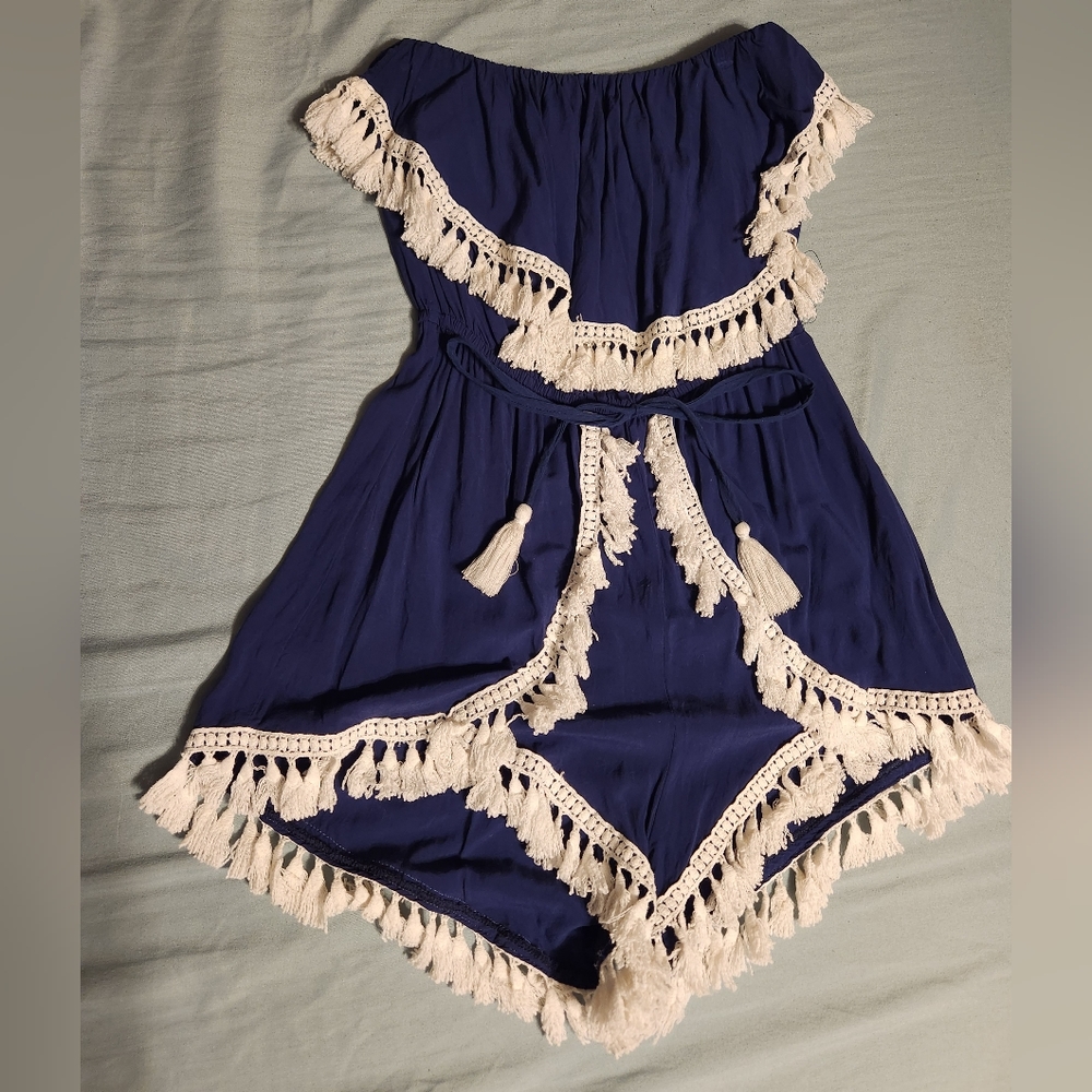 Blue and white boho tassle rompers